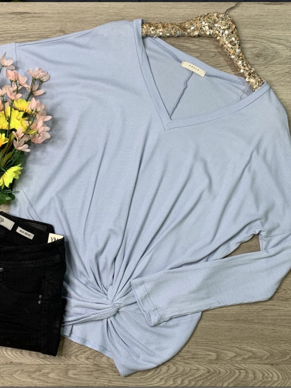 entro Powder Blue Ribbed V-Neck Long Sleeve Knot Front